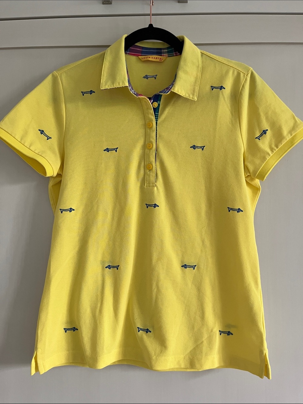 Louis Castel Yellow Polo Shirt with Navy Dog Embroidery and plaid lined placket